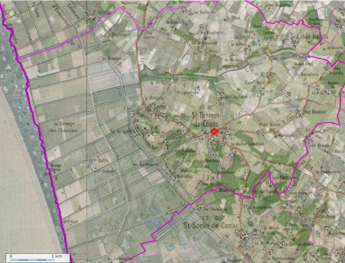 Carte et vue satellite actuelles de Saint-Thomas-de-Cônac.