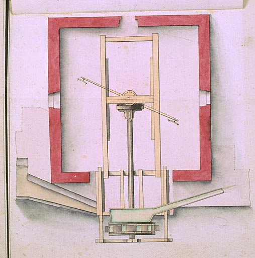 Plan et profils du puisard et de la machine hydraulique proposée à la vieille Forme de Rochefort, s.n., s.d. [1840]. Lavis sur papier, 36 x 26 cm. Profil sous retombe.