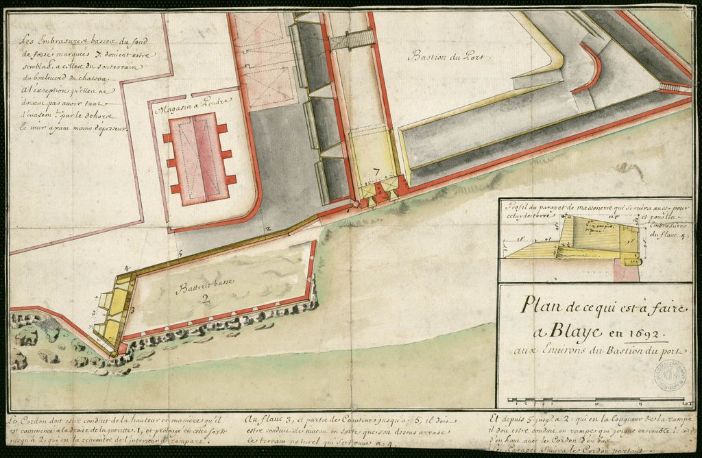 Plan de ce qui est à faire à Blaye en 1692, aux environs du bastion du port. Dessin, encre et lavis.