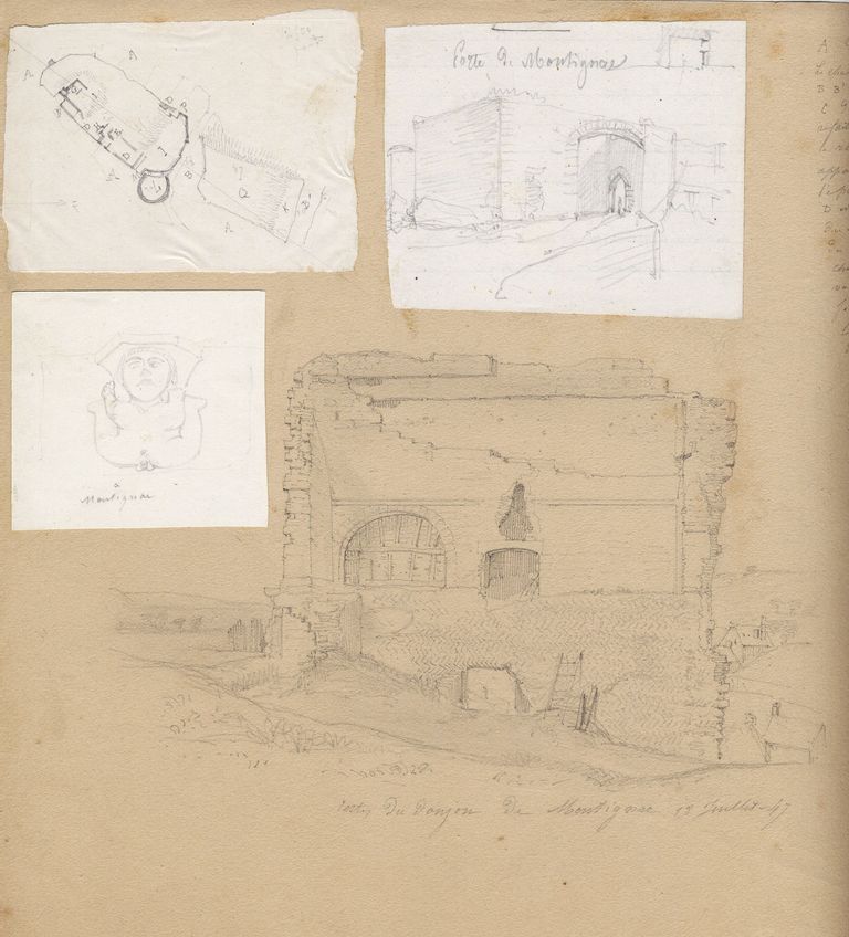 Château de Montignac-le-Comte relevé et dessiné par Léo Drouyn, 1847. État avant les lourds travaux du début du 20e siècle : plan du château, détail d'un culot sculpté, vue de la porte principale et vue de la grande salle à l'est.