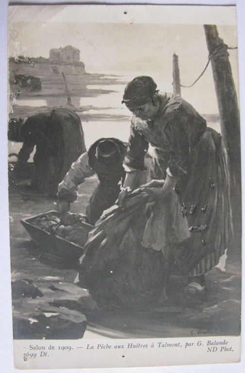 La pêche aux huîtres à Talmont, carte postale reproduisant un tableau de Gaston Balande présenté au Salon de 1909.