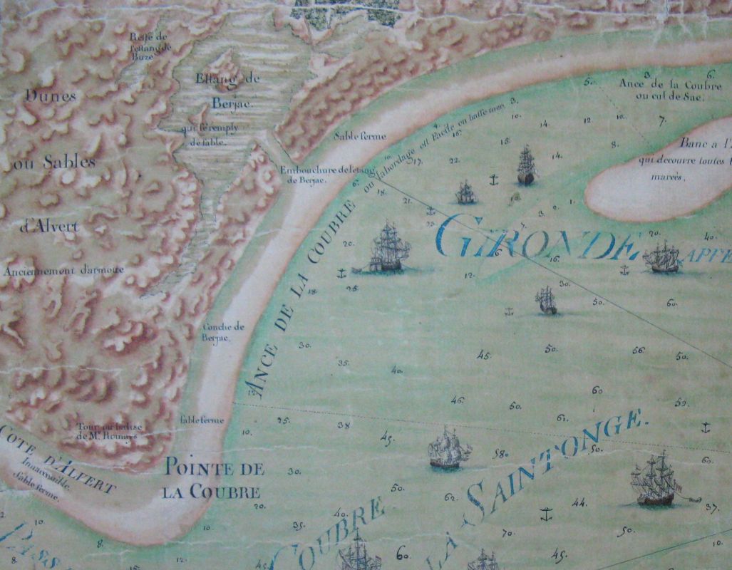 La pointe et l'anse de la Coubre, ainsi que l'étang de Bréjat, sur une carte de la Gironde par Desmarais en 1759.