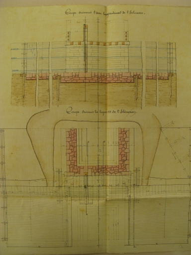 Projet d'éclusette à l'extrémité du fossé de dérivation sur la rive gauche du port, en 1859 : coupes.