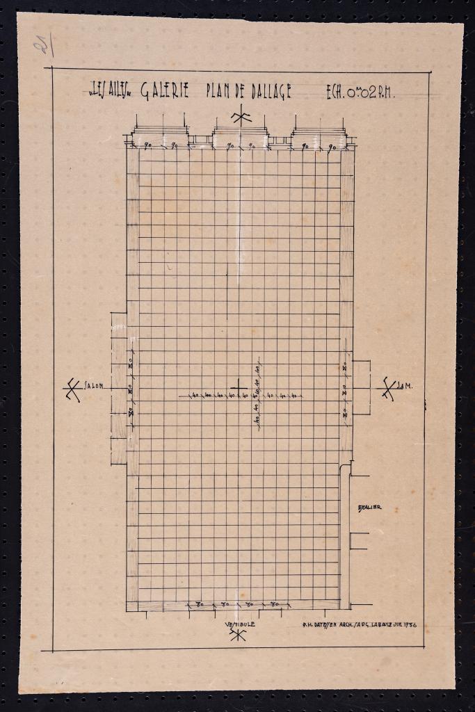 Plan du dallage de la galerie (pièce centrale du rez-de-chaussée), P. H. Datessen, La Baule, juillet 1936.