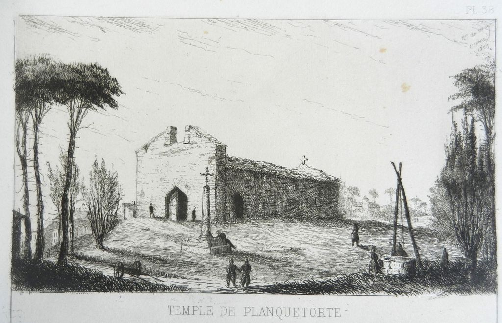 Lithographie : temple de Planquetorte (vers 1866).