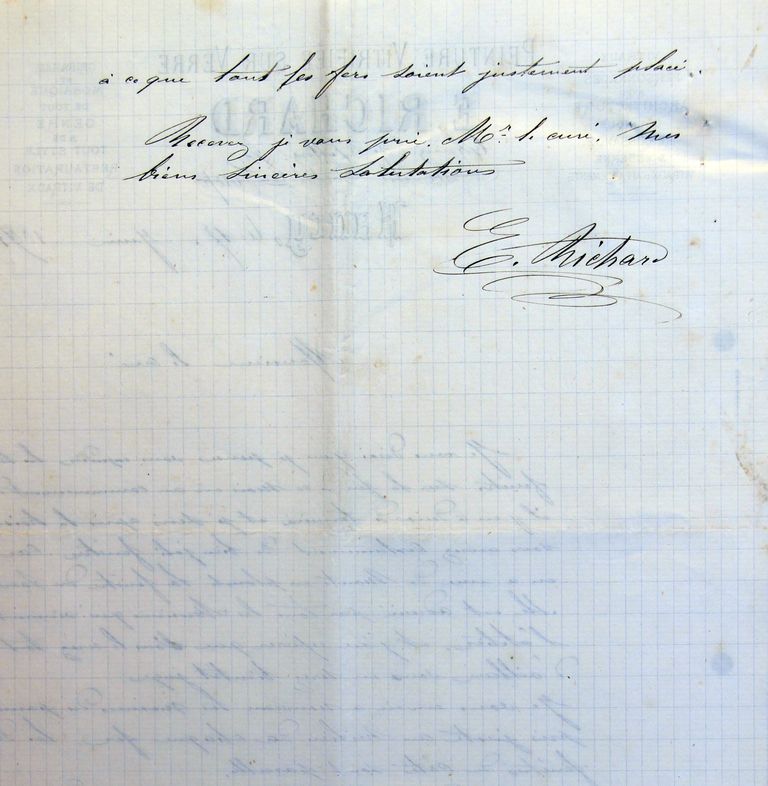 Lettre du verrier nancéien Émile Richard au curé Éloi Foy, annonçant l'envoi des trois verrières du chœur pour fin juin ou début juillet, 17 juin 1891, fin (AP Coudures).