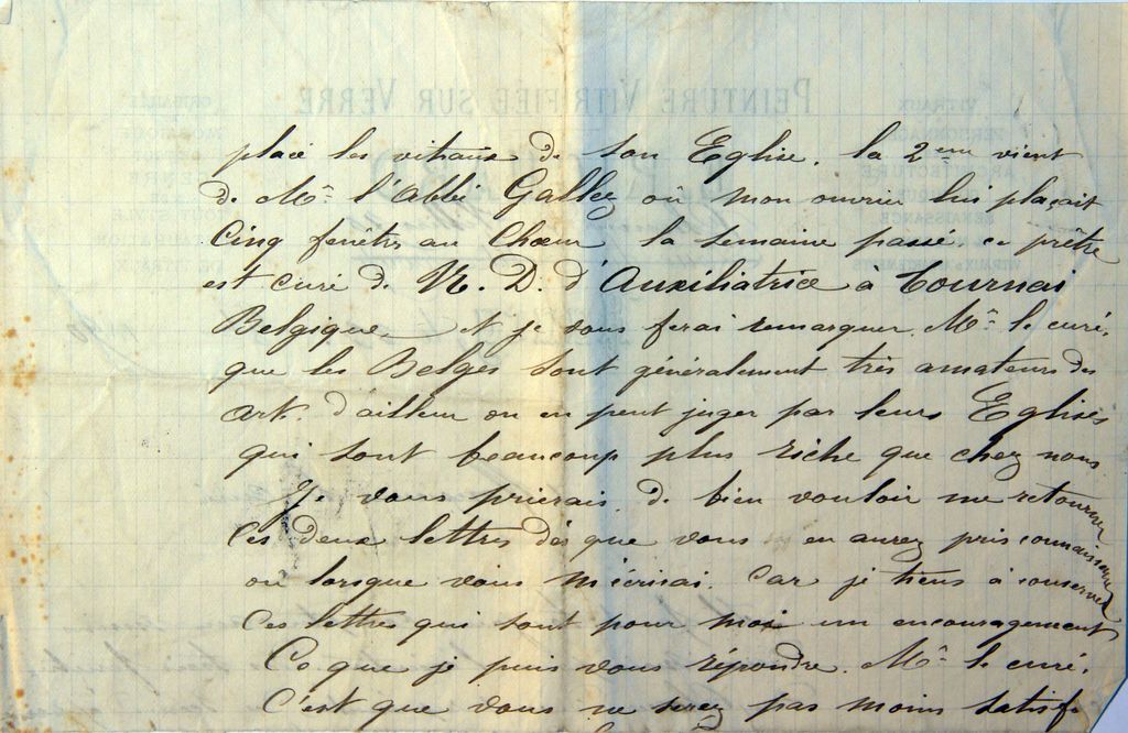 Lettre du verrier nancéien Émile Richard au curé Éloi Foy, communiquant les délais d'exécution de ses verrières, 23 octobre 1890, fin (AP Coudures).