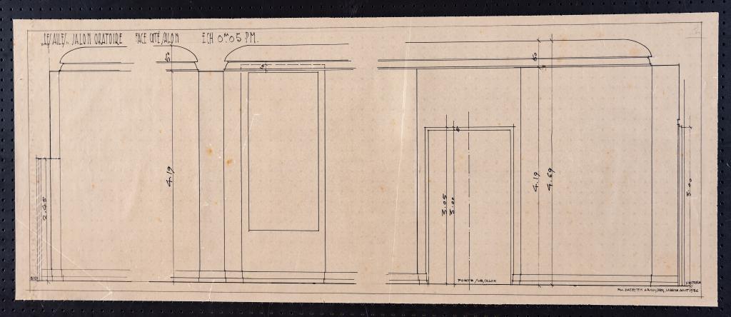 Salon-oratoire (à gauche du grand vestibule) : élévation de la face du côté du salon (ouest), P. H. Datessen, La Baule, août 1936.