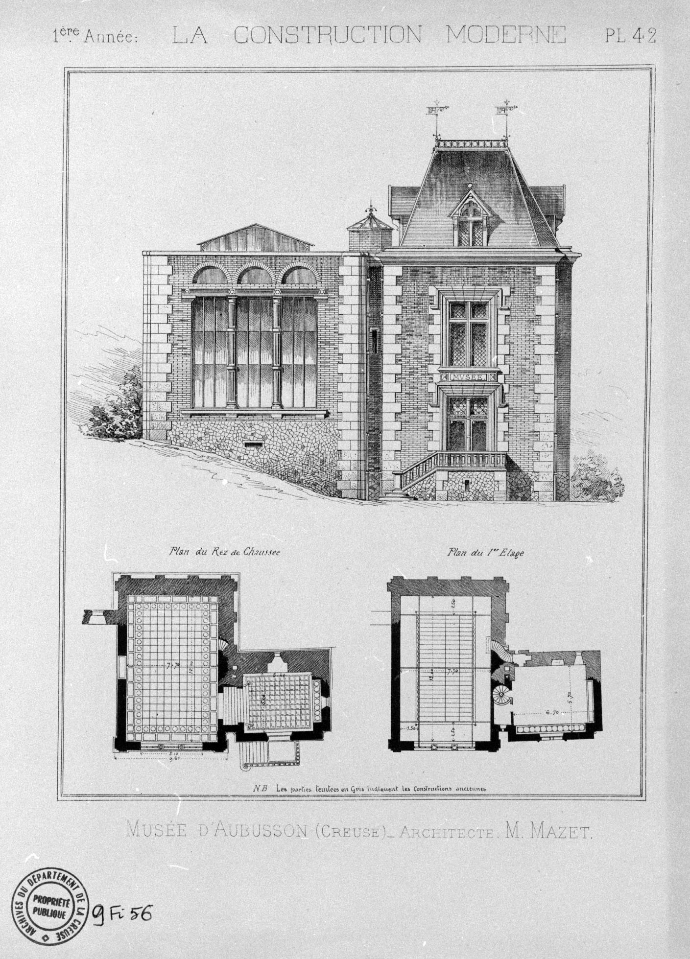 Planche extraite de la revue La Construction moderne, présentant le plan, la coupe et l'élévation du côté nord de l'ancien musée d'Aubusson, installé en 1886 dans les ruines du château (AD 23). 