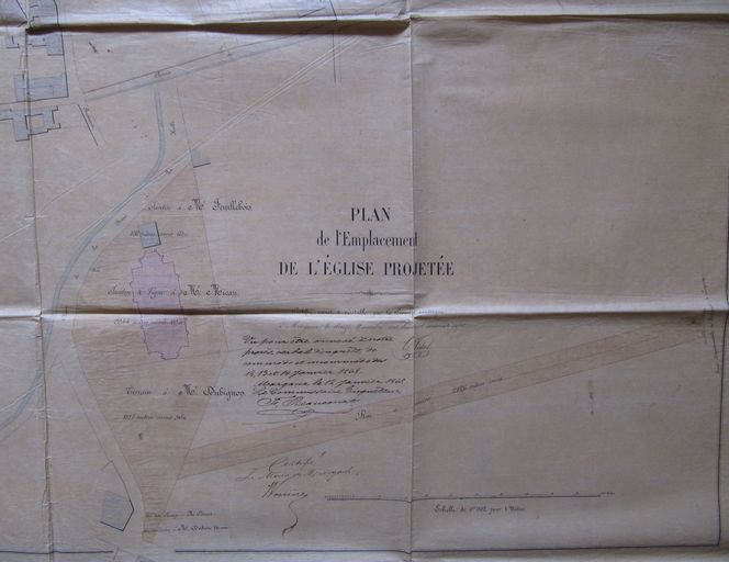 Plan du bourg avec emplacement de l´église projetée, dressé par Théodore Vidal en novembre 1867 (détail).
