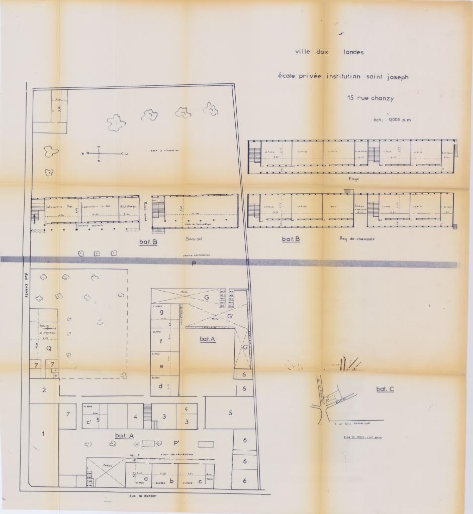 Plan de l'institution Saint-Joseph avec le nouveau bâtiment, au nord. Vers 1964.