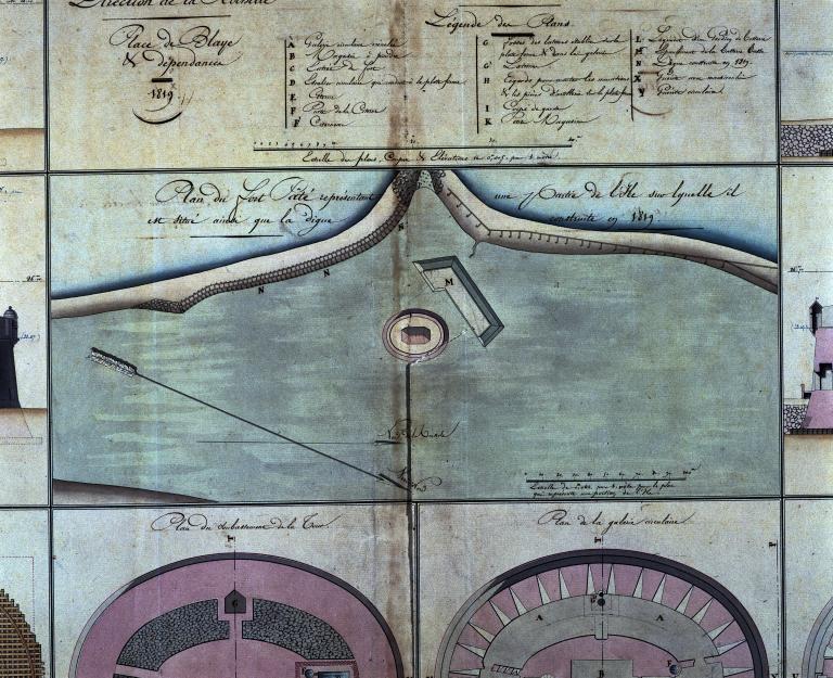 Plan d'une partie de l'île Pâté avec la digue construite en 1819.