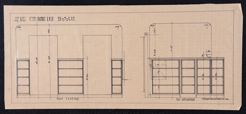 Petite chambre de l'appartement du rez-de-chaussée, élévations des faces du côté des fenêtres et de l'antichambre, P. H. Datessen, La Baule, juillet 1936.