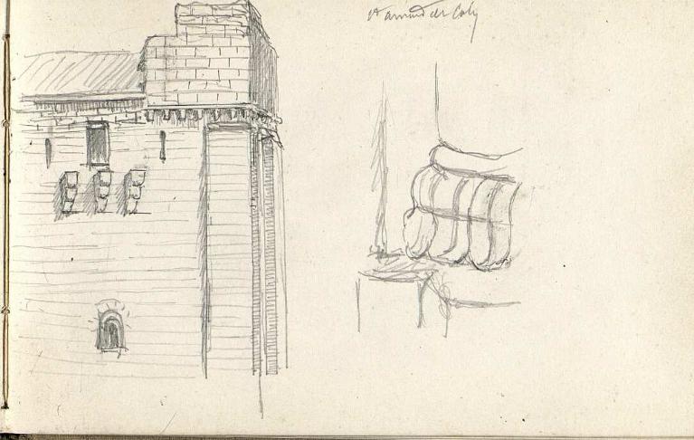 Détails. Dessin de l'église abbatiale de Saint-Amand-de-Coly par A. Rouméjoux, 19 octobre 1889.