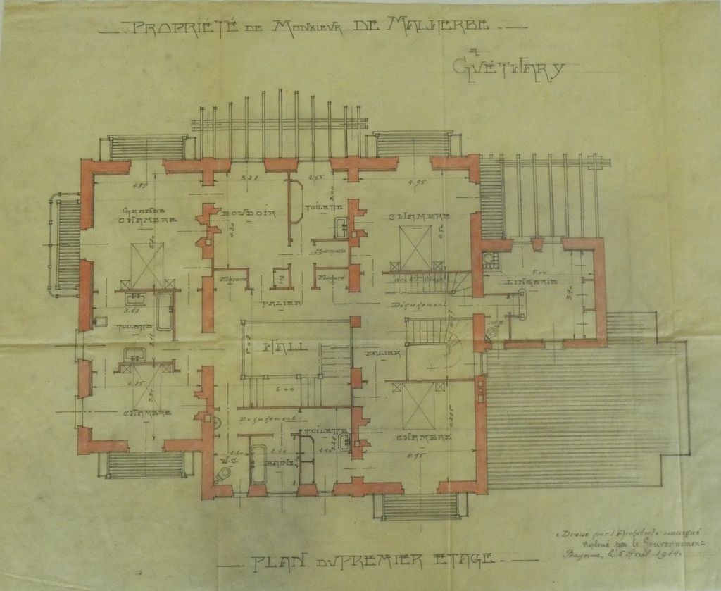 Plan du premier étage, 5 avril 1914. Calque.