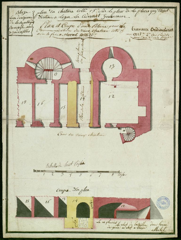 Plan et coupe d'une poterne pour la communication du vieux château avec le fer à cheval. Dessin, encre et lavis, an 2 (1793-1794).