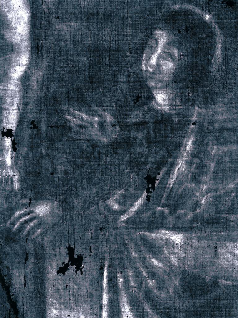 Détail du personnage situé à droite du Christ en croix, aux rayons X. Il s'agit sans doute de saint Jean.