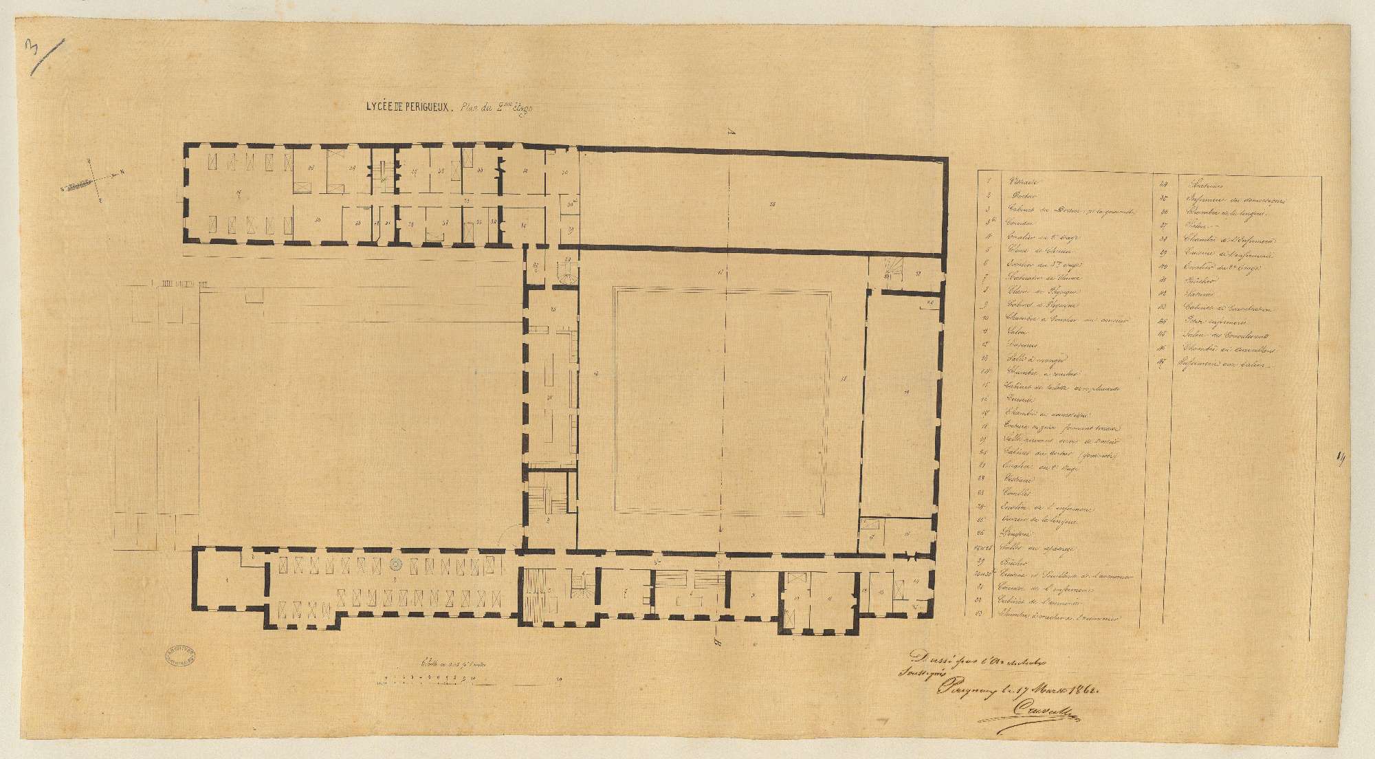 Lycée impérial. Plan du 2ème étage. 0.005 pm. Signé de l'architecte Elie Poncet Cruvelier, 17 mars 1862. (AN)