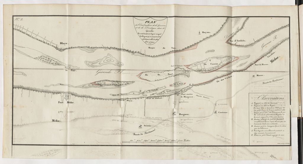Plan de l'embouchure de la Garonne et de la Dordogne dans la Gironde, avec digues proposées par le vicomte de Vivens, 1824-1840.