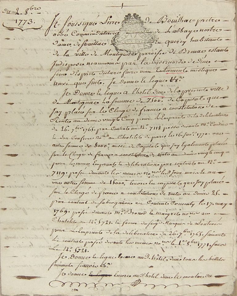 Annexe. Testament de Pierre de Bouillac, abbé de Souillac, en faveur de l'hôpital de Montignac, page 1