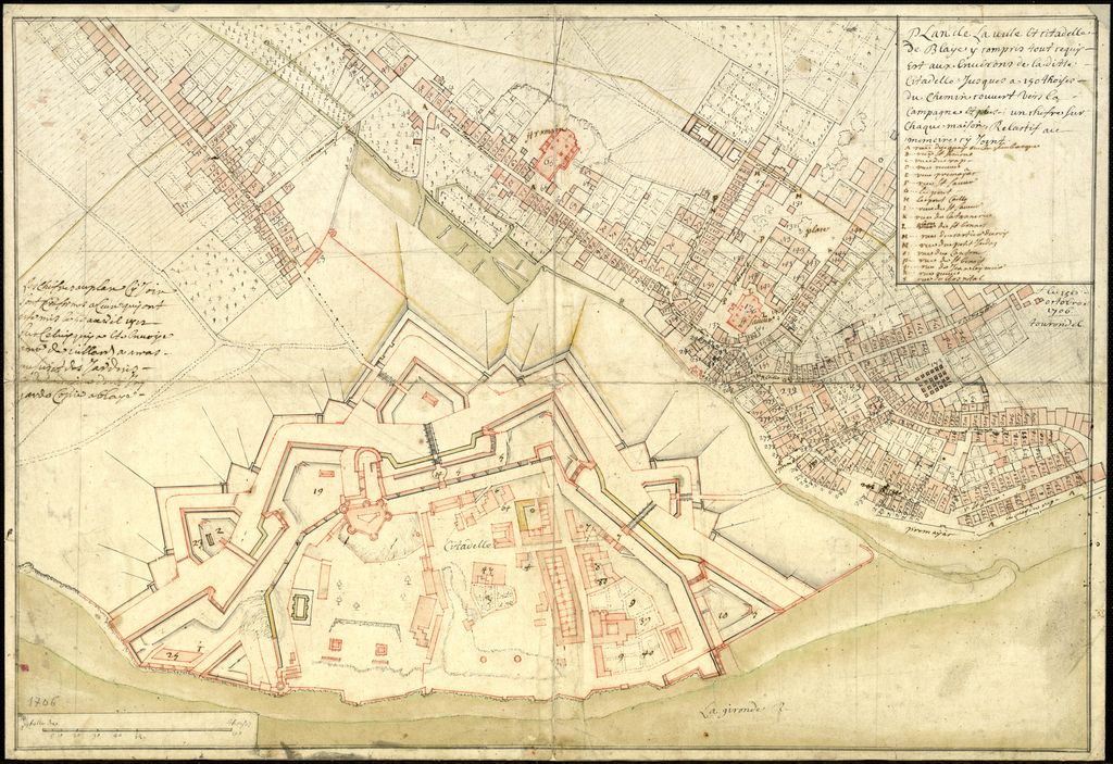 Plan de la ville et citadelle de Blaye. Dessin, encre et lavis, par Fénis du Tourondel, octobre 1706.