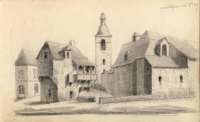 Dessin du bourg de Montignac par A. Rouméjoux, 18 octobre 1889.