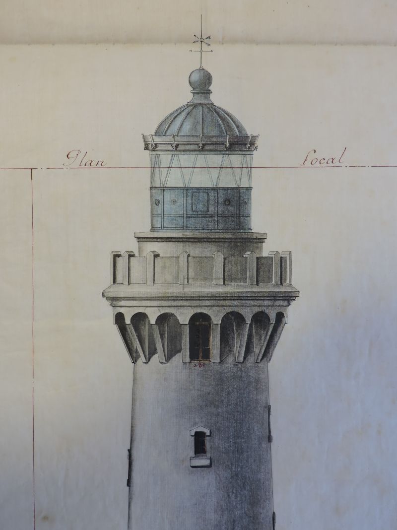 Plan du phare de 1895, projet du 25 mars 1890 : élévation de la partie haute.