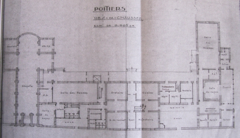 Plan du rez-de-chaussée de la chapelle, du quartier des femmes et de celui des hommes, vers 1950.