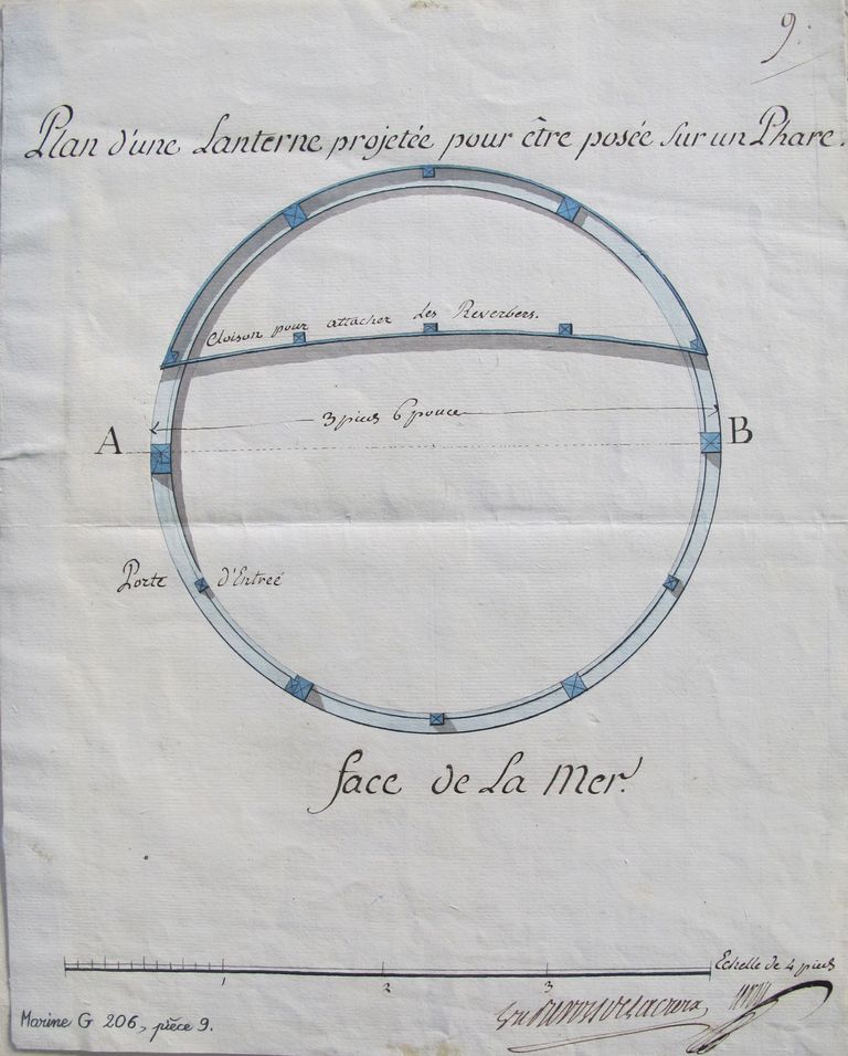 Plan d'une lanterne projetée pour être posée sur un phare, signature de Prévost de la Croix, s.d. [vers 1787].