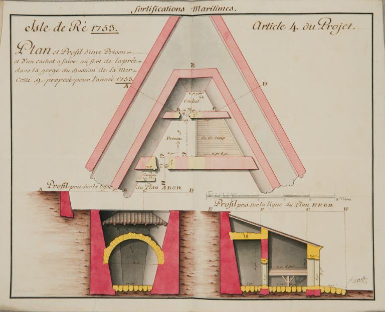 Prison et cachot du bastion de la mer, plan et coupe, 1753.