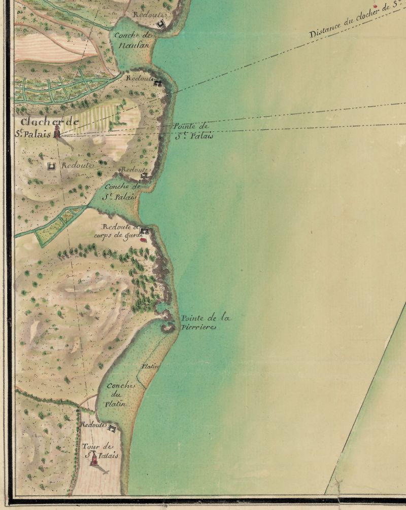 La tour de Terre-Nègre, en bas, sur une carte de l'estuaire de la Gironde en 1772.