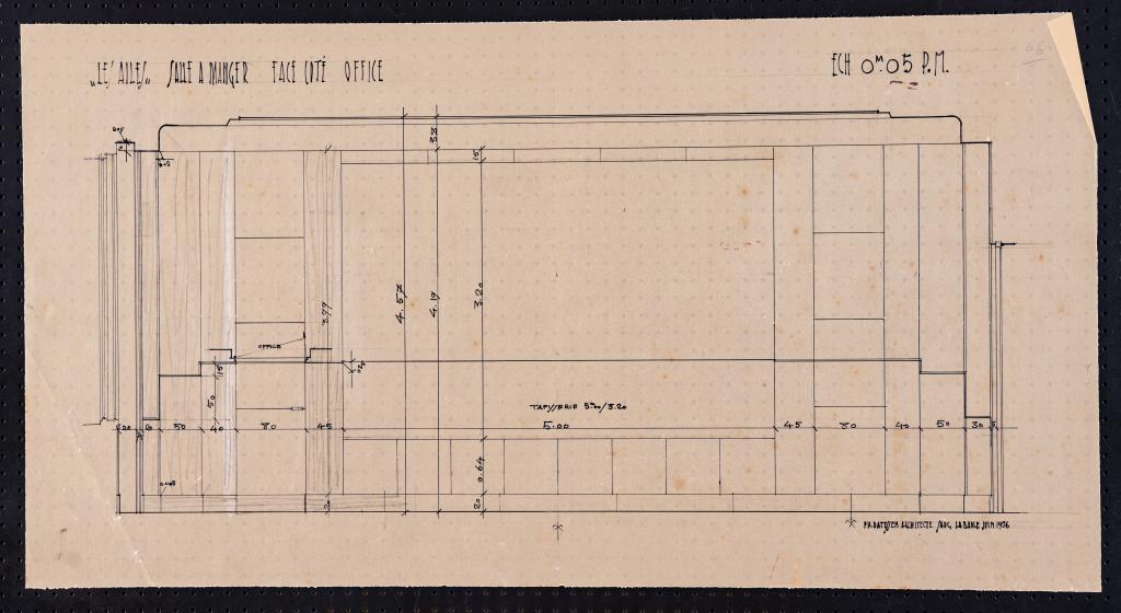 Salle à manger, rez-de-chaussée, élévation du côté de l'office, P. H. Datessen, La Baule, juin 1936.