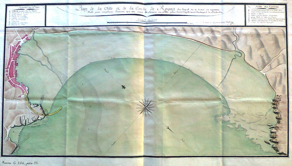 Plan de la ville et de la conche de Royan par l'ingénieur Toufaire, 16 janvier 1778, portant un projet de môle pour le port (en bas à gauche).