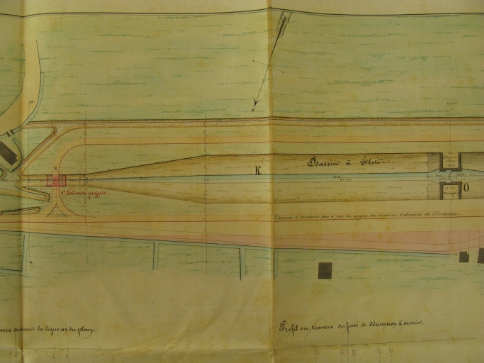 Plan de 1859 par l'ingénieur Botton : projet d'éclusette de chasse, le bassin à flot et l'écluse de chasse en aval.