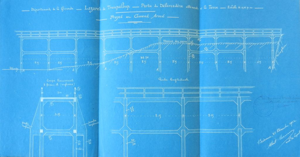 Partie du débarcadère attenant à la Terre, projet en ciment armé : coupe transversale, partie longitudinale, par Albert Maurin, architecte du lazaret, bleu, 21 décembre 1912.
