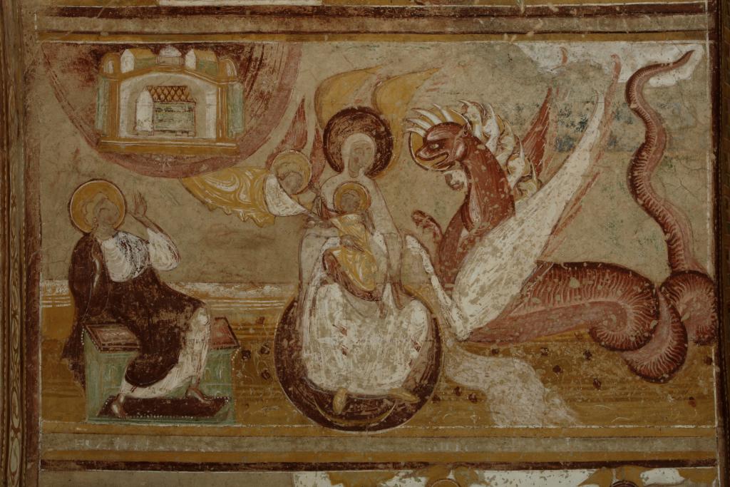 Église, porche, travée orientale, registre médian nord de la voûte : la femme et le dragon (plan n° 8).