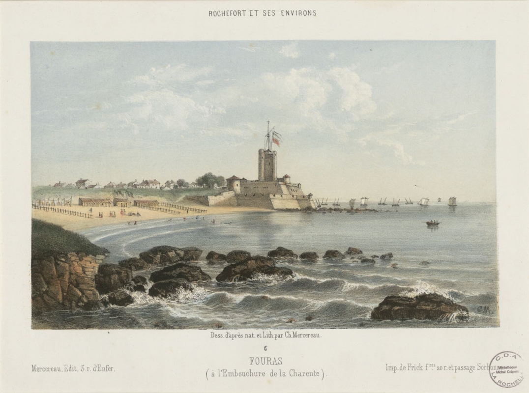 Le fort et la plage représentés vers 1850 par Charles Mercereau. 