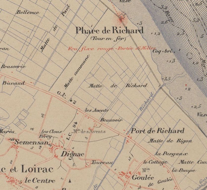 Extrait de l'Atlas de la Gironde, 1888 : indication du phare de Richard.