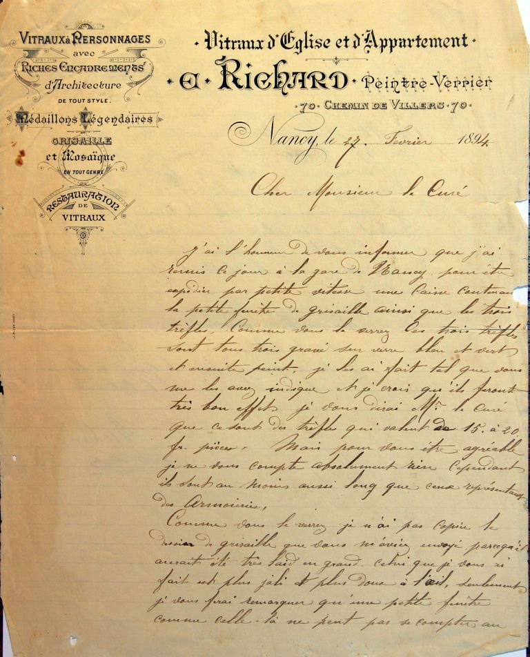 Lettre du verrier nancéien Émile Richard au curé Éloi Foy, annonçant l'envoi 