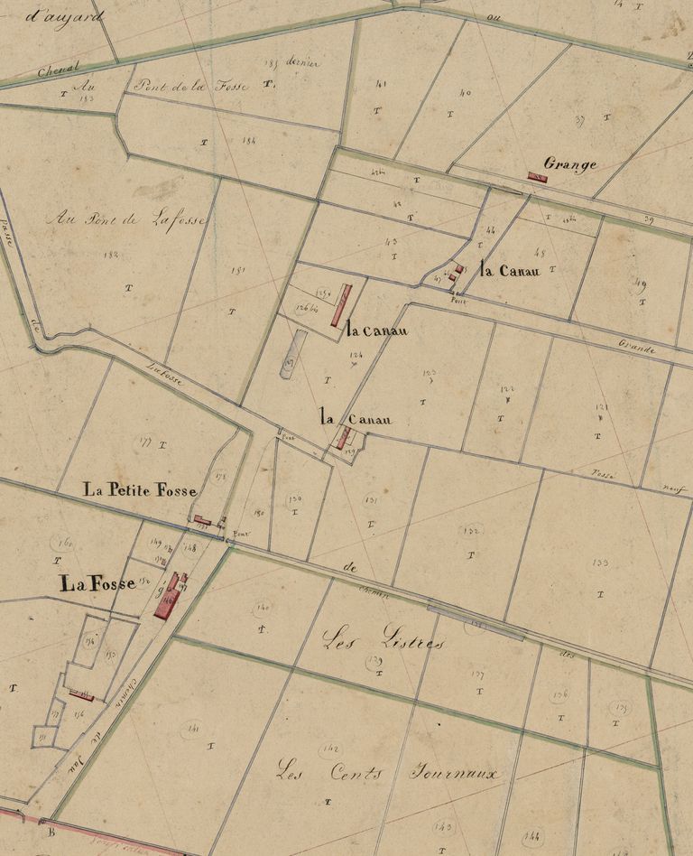 Extrait du plan cadastral de 1833 : lieux-dits La Canau.
