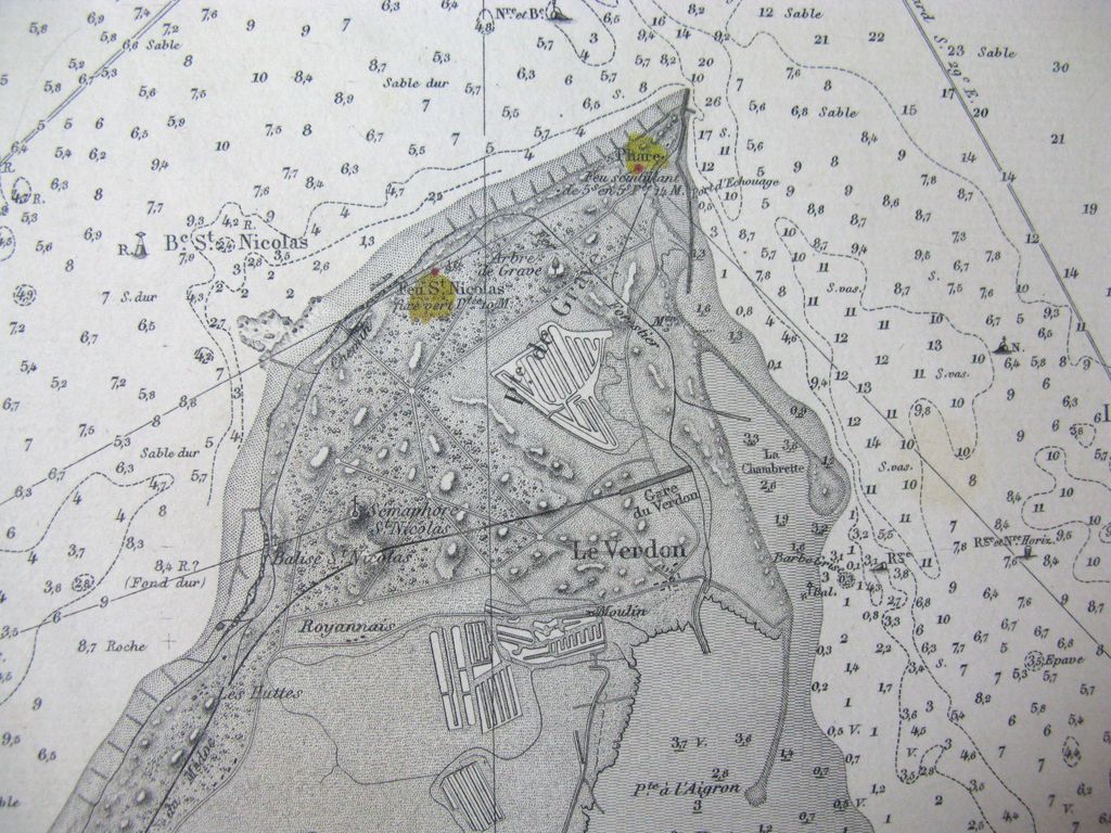 Carte de l’embouchure de la Gironde d’après la reconnaissance hydrographique faite en 1874 : indication de la balise St Nicolas.
