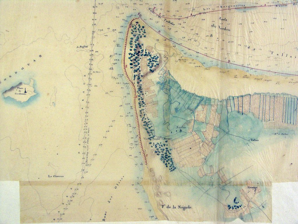Plan de l'embouchure de la Gironde faisant connaître la disposition générale des épis et des digues que l'on propose d'exécuter pour défendre la Pointe de Grave et améliorer la rade du Verdon, 1837.