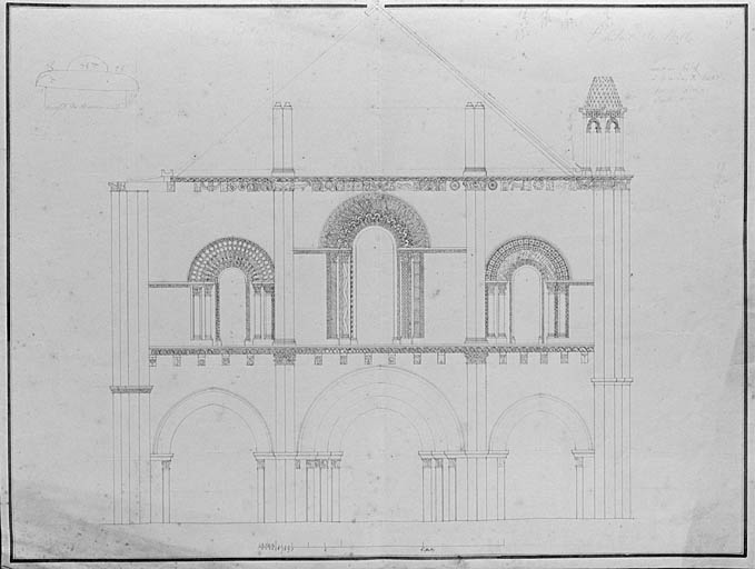 Élévation de façade occidentale par Pierre Théophile Segrétain vers 1844.