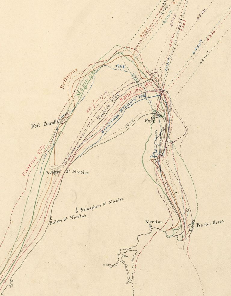 Tableau de comparaison des différentes cartes connues de l'embouchure de la Gironde, 1845 : détail.