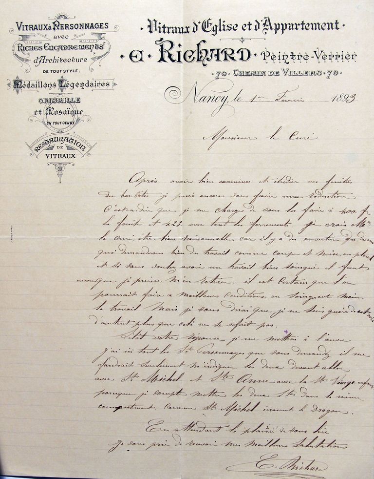 Lettre du verrier nancéien Émile Richard au curé Éloi Foy, évoquant le coût des futures verrières de la nef, 1er février 1893 (AP Coudures).