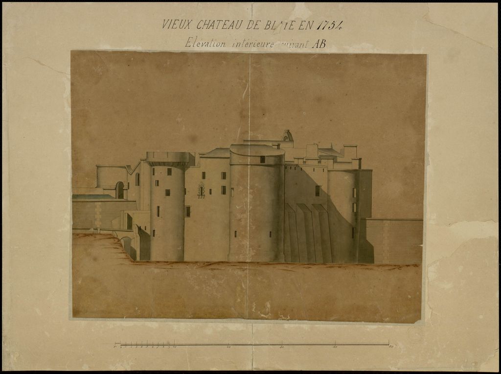 Vieux château de Blaye en 1754 : élévation intérieure suivant AB. Dessin, encre et lavis.