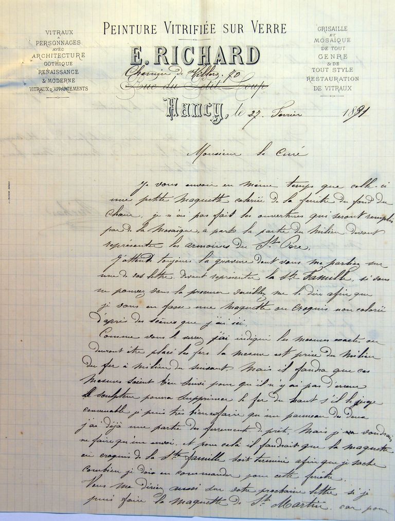 Lettre du verrier nancéien Émile Richard au curé Éloi Foy, annonçant l'envoi de maquettes coloriées des verrières du chœur, 27 février 1891, début (AP Coudures).