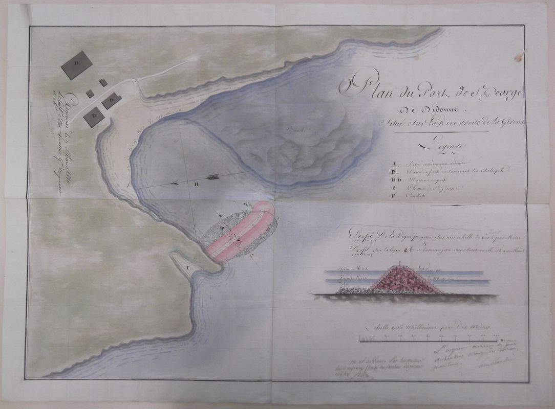 Plan du port de Saint-Georges-de-Didonne en 1810 par l'ingénieur Lamblardie, avec en rose la nouvelle jetée proposée..