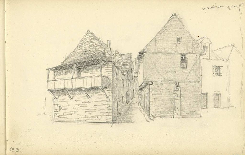 Dessin des maisons au nord de la rue de la Pégerie par A. Rouméjoux, 14 octobre 1892.