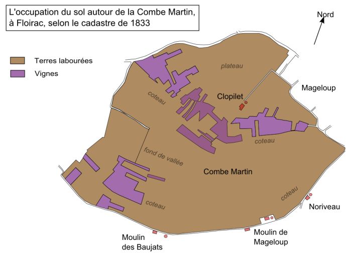 L'occupation du sol autour de la Combe Martin, au sud de Mageloup, selon le cadastre de 1833.